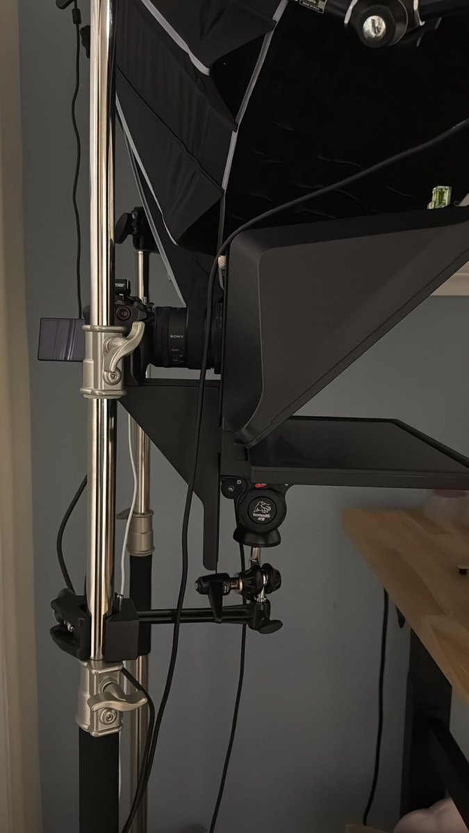 gpj's tweet photo. prompter XL? I find that’s pretty good. There is also a step up to prompter people if you want to take it up a level. It’ll depend on the fidelity of the text you need to read on the monitor.

Alternatively I mount a color USB-C monitor under the existing prompter. Also have a foot pedal under desk to advance or make changes in OBS.