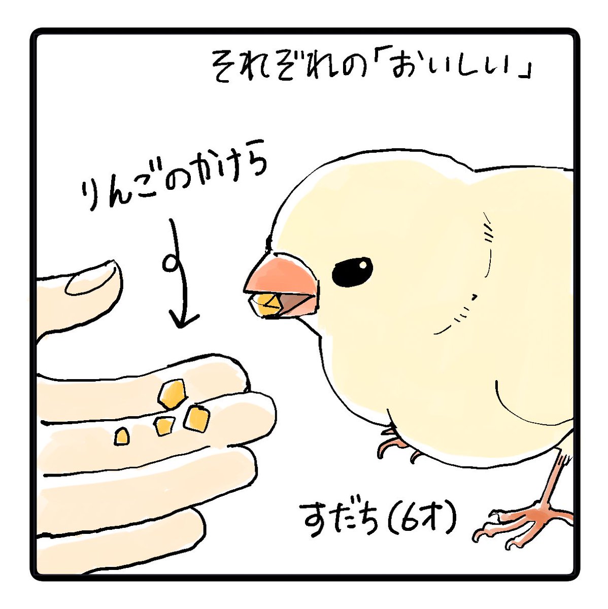 yonemaru6's tweet photo. 「それぞれの『おいしい』」
 飼い主妄想キンカチョウ漫画 
 #マンガ #４コマ #イラスト https://t.co/PPtOwnrdPi