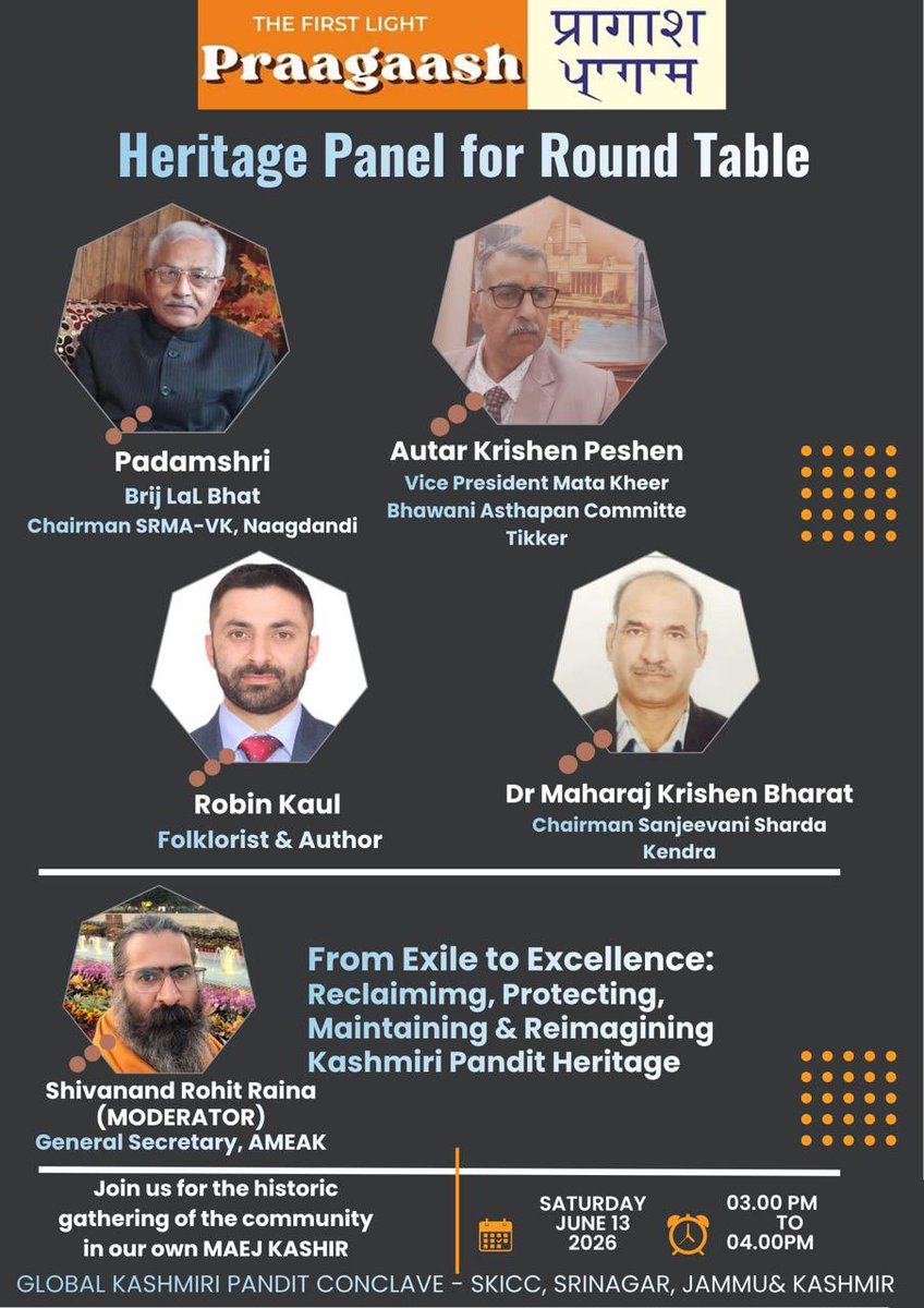 kp_global's tweet photo. We are eager to hear the insights of these esteemed panelists as they deliberate on the processes required for 'Reclaiming, Protecting, Maintaining and Reimagining KP Heritage'. honor to have Padmashri Brij Lal Bhat ji, @autar_peshen ji, #RobinKaul ji and Dr. M K Bharat ji+ https://t.co/2sYfobrflE