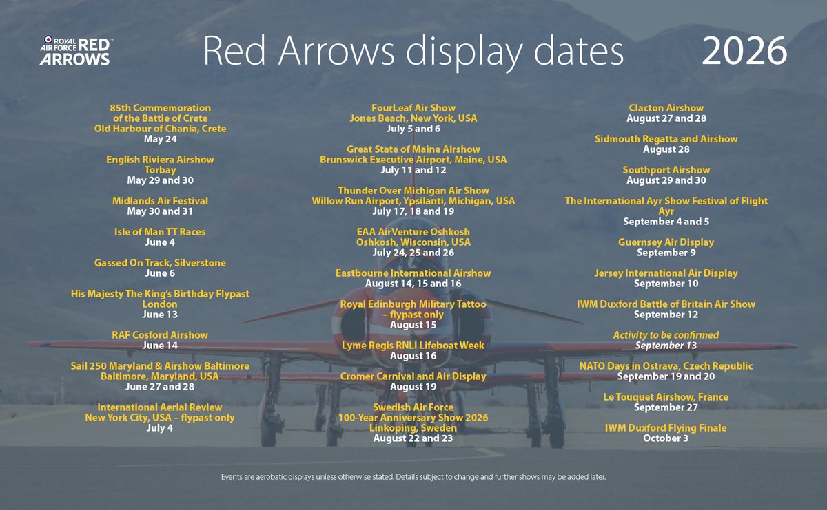 rafredarrows's tweet photo. Where to see the Red Arrows in 2026.

#RedArrows | #RAF | #Airshow https://t.co/TOIX3bDMt2