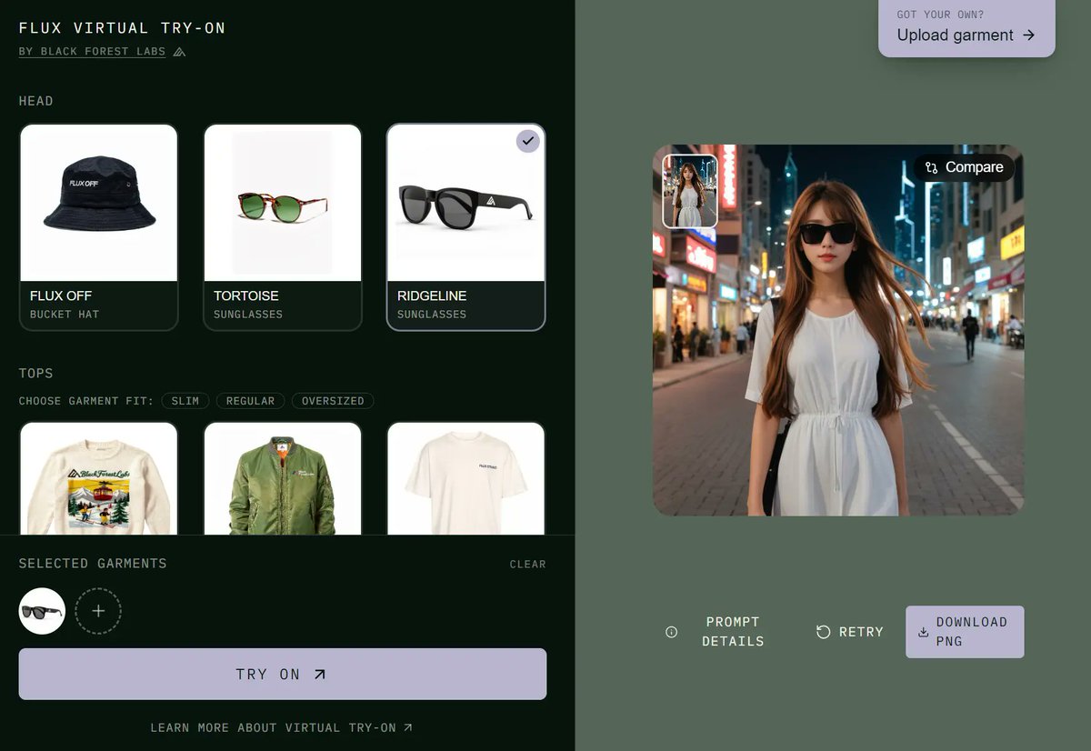 ScriptByAI's tweet photo. FLUX Virtual Try-On: a free, no-signup AI tool that fits clothes onto a person in a photo. 

Upload a model, pick a garment, get a realistic result in seconds. API available for devs.

👉 https://t.co/NRt76iLRN4 https://t.co/8R28ypbde6