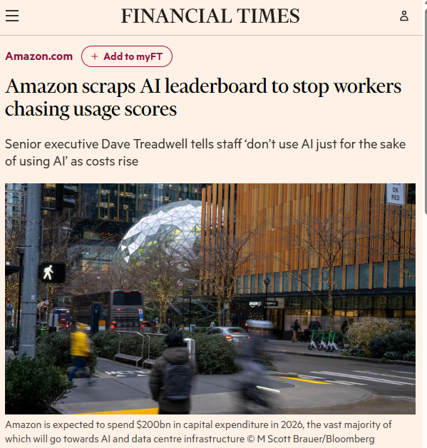 antonello's tweet photo. Amazon parece entender finalmente que empujar a tus empleados al tokkenmaxxing (gastar el máximo en inteligencia artificial y hacerlo de forma competitiva premiando a los más gastosos) no es lo más inteligente.

Bien está, aunque yo sí entiendo la motivación inicial de Amazon y otros:

cuando te sobra el dinero pero al mismo tiempo tienes una organización muy estable, burocrática y conservadora, el tokkenmaxxing te podría ayudar a provocar un shock.

Gente que no hubiera probado a programar con IA agéntica lo hace; casos de uso muy poco probables se intentan; la gente tiene que idear y pensar a partir de estos sistemas de IA cuando de normal no lo hubieran hecho.

Claro que al final tienes también todo lo obviamente estúpido: premiar a alguien por coger el modelo más caro del mundo y preguntarle por el tiempo.

https://t.co/Q88lUtb1wy
