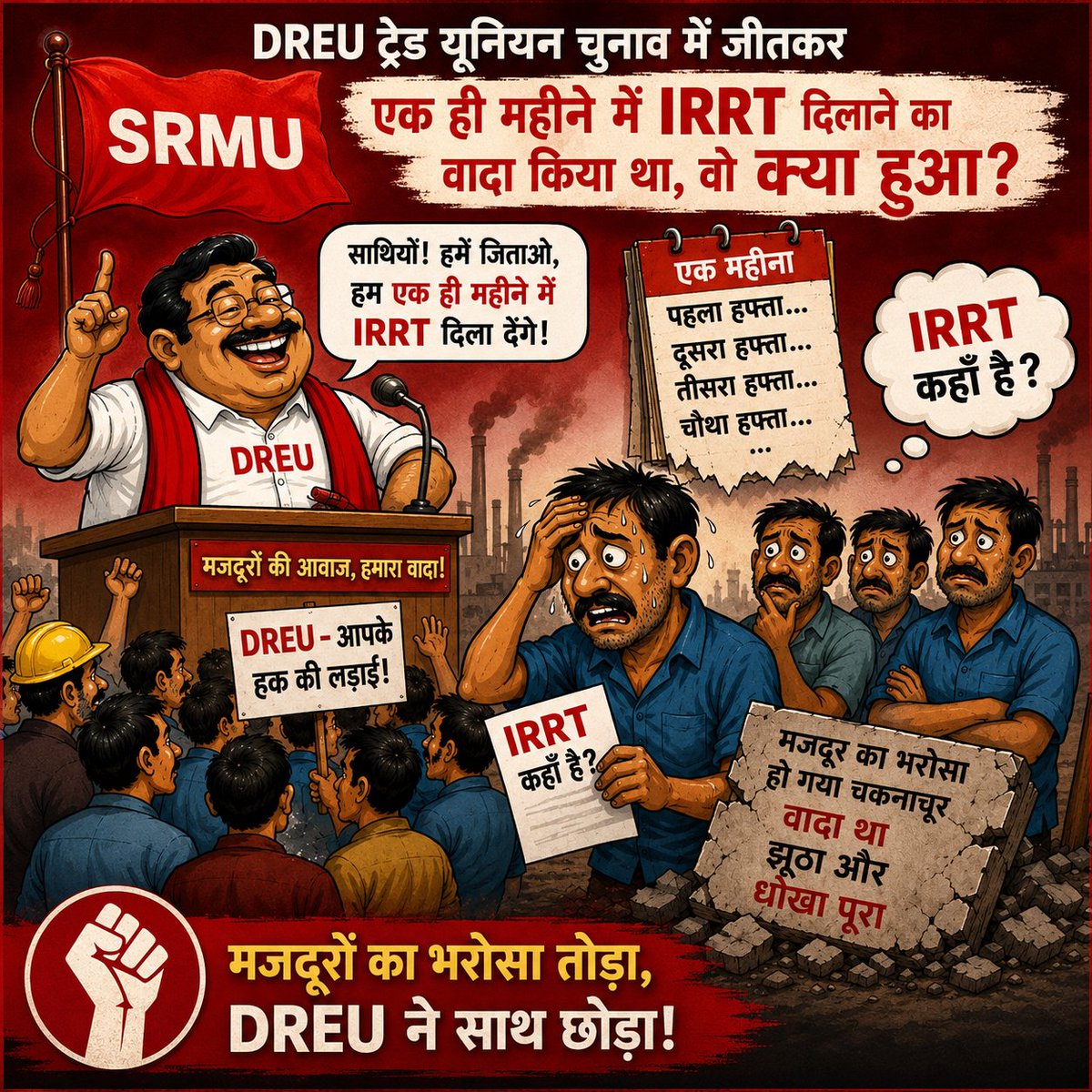 SRMUAIRF's tweet photo. DREU வாக்குறுதிகள் குறித்து தொழிலாளர்கள் கேட்கும் கேள்வி:

IRRT எங்கே? உரிமை எங்கே? தீர்வு எங்கே?
TTEs &amp; Commercial Clerks சந்திக்கும் பிரச்சனைகளுக்கு உடனடி நடவடிக்கை தேவை.

வாக்குறுதி மட்டும் போதாது - நீதி வேண்டும்!

#SRMU #SouthernRailway #RailwayWorkers #TTE #CommercialClerks https://t.co/Edx4D7I07M