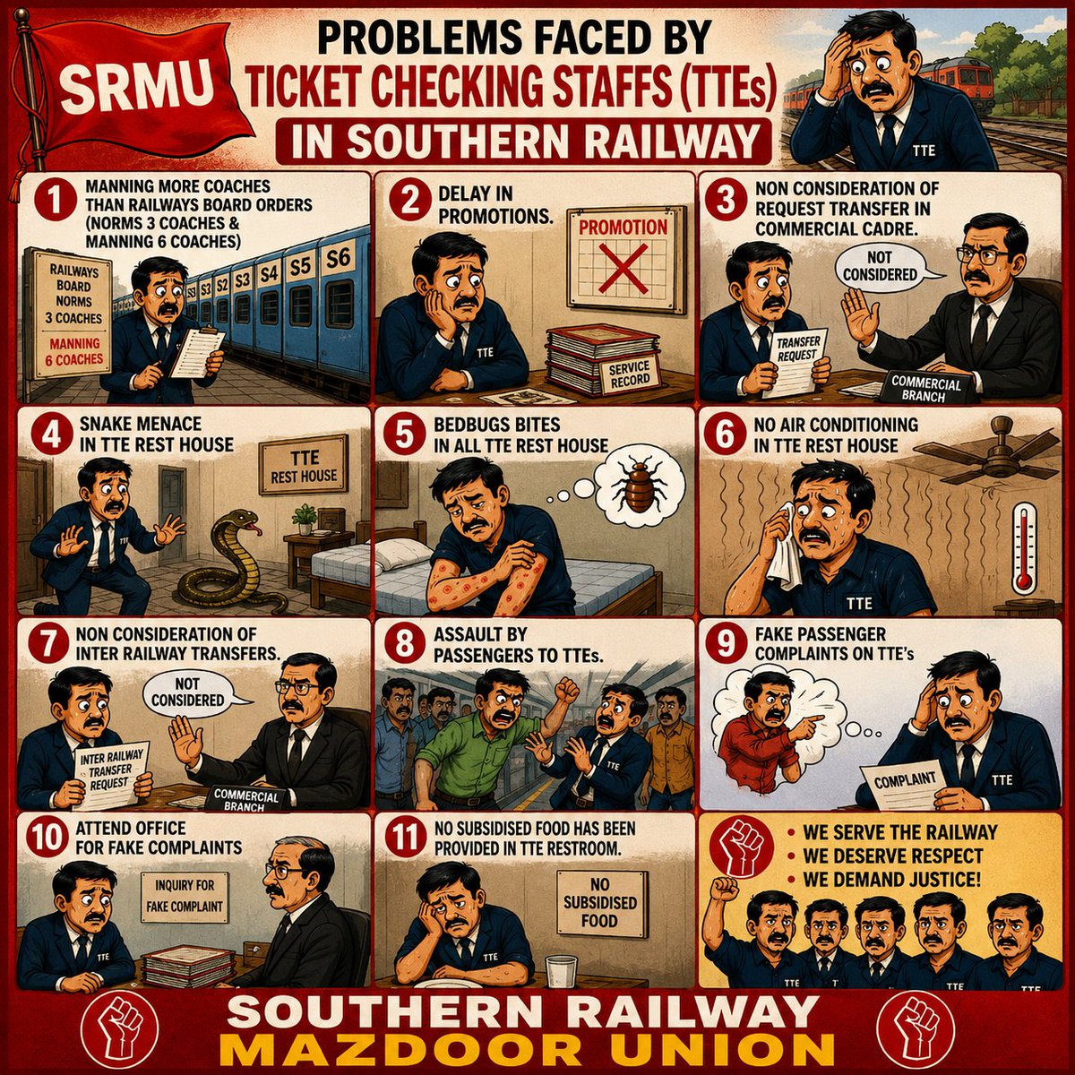 SRMUAIRF's tweet photo. DREU வாக்குறுதிகள் குறித்து தொழிலாளர்கள் கேட்கும் கேள்வி:

IRRT எங்கே? உரிமை எங்கே? தீர்வு எங்கே?
TTEs &amp; Commercial Clerks சந்திக்கும் பிரச்சனைகளுக்கு உடனடி நடவடிக்கை தேவை.

வாக்குறுதி மட்டும் போதாது - நீதி வேண்டும்!

#SRMU #SouthernRailway #RailwayWorkers #TTE #CommercialClerks https://t.co/Edx4D7I07M