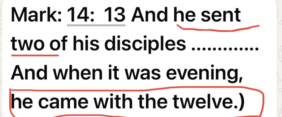 AL_ATHRAM1's tweet photo. * Anointing Jesus’s body with spikenard:-

Ø (Mark 14: 1 After two days was the feast of the passover, and of unleavened bread: and the chief priests and the scribes sought how they might take him by craft, and put him to death. 2- But they said, Not on the feast day, lest there be an uproar of the people. 3- And being in Bethany in the house of Simon the leper, as he sat at meat, there came a woman having an alabaster box of ointment of spikenard very precious; and she brake the box, and poured it on his head. 4- And there were some that had indignation within themselves, and said, Why was this waste of the ointment made? 5- For it might have been sold for more than three hundred pence, and have been given to the poor. And they murmured against her).

Ø (Mathew) mentioned this incident in (26: 6-9) and also Luke (7: 36 – 39 “And one of the Pharisees desired him that he would eat with him. And he went into the Pharisee's house, and sat down to meat…..“) and (John 12: 1-6).

The discrepancy between the Bibles:

Place of incident:

*** a) In the house of Simon the leper (Mark & Mathew).

** b) In Pharisee’s house (Luke).

* c) In the house of brothers Lazarus, Mary and Martha (John).

Who is the woman?

a) Unknown (Mark & Mathew).

b) Sinner woman (Luke).

c) Believing woman i.e. Mary the sister of Lazarus (John).

What did she do?

a) She anointed Jesus’s head with spikenard. (Mark & Mathew).

b) She anointed his legs with pure nard (Luke & John).

Reaction of onlookers:

a) They had indignation for wasting anointment (Mark).

b) The disciples were indignant (Mathew).

c) Pharisee wondered whether Jesus knows who and what sort of woman touching him, (Luke).

d) Judas Iscariot was indignant for wasting (John)

* Preparing Last Supper:-

Ø Mark: 14 (12 And on the first day of Unleavened Bread, when they sacrificed the Passover lamb, his disciples said to him, “Where will you have us go and prepare for you to eat the Passover?” 13 And he sent two of his disciples and said to them, “Go into the city, and a man carrying a jar of water will meet you. Follow him, 14 and wherever he enters, say to the master of the house, ‘The Teacher says, Where is my guest room, where I may eat the Passover with my disciples?’ 15 And he will show you a large upper room furnished and ready; there prepare for us.” 16 And the disciples set out and went to the city and found it just as he had told them, and they prepared the Passover. 17 And when it was evening, he came with the twelve.)

Ø Matthew : 26: (17 Now on the first day of Unleavened Bread the disciples came to Jesus, saying, “Where will you have us prepare for you to eat the Passover?” 18 He said, “Go into the city to a certain man and say to him, ‘The Teacher says, My time is at hand. I will keep the Passover at your house with my disciples.’” 19 And the disciples did as Jesus had directed them, and they prepared the Passover.

Here we observe the following:-

There is difference between (Mathew) and (Mark) regarding the story of preparing for supper:

* 1) Mark: He sent two disciples to prepare the supper.

** 2) Matthew: He made all disciples prepare the supper.

*** 3) The writer of the verse No. (Mark 14:17 when it was evening, he came with the twelve) knows nothing about the journey of the two disciples mentioned in the verse No. (14:13). Should he knows the content of such verse (14:17), he would surely have written (He came with the Ten), instead of (the twelve)

>>>>  i.e. verse (14:17) should be read as the following: (And when it was evening, he came with the ten).