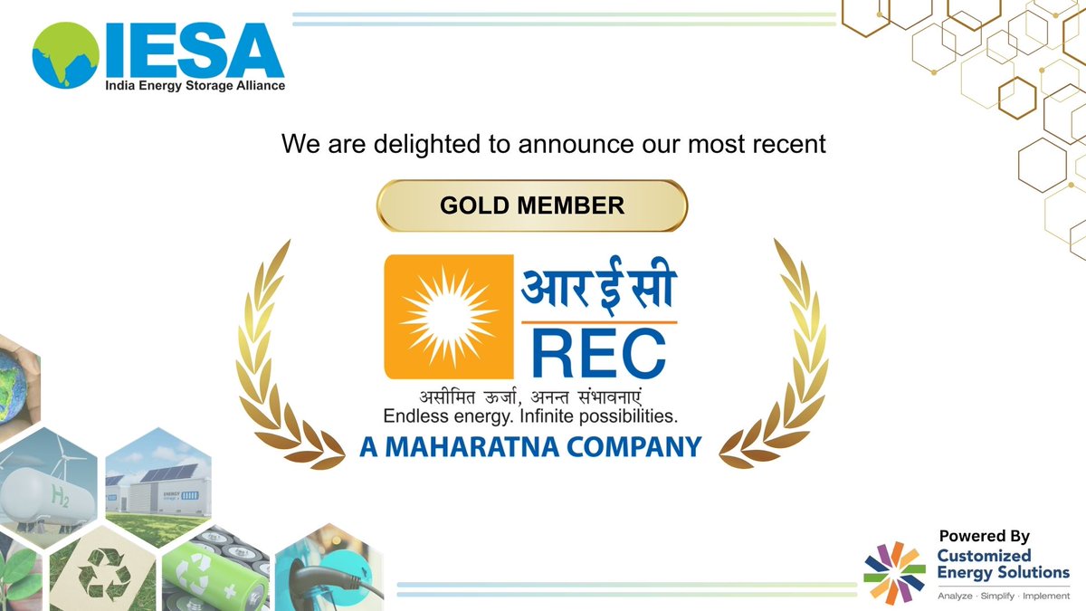 IndiaESA's tweet photo. @RECLindia joins IESA as a 𝗚𝗼𝗹𝗱 𝗠𝗲𝗺𝗯𝗲𝗿!

A leading infrastructure financier supporting power, renewable energy &amp; India's clean energy transition.

Welcome, Zahinuddin &amp; Shubham Piprani!

#IESA #GoldMember #RECLimited #CleanEnergy #EnergyTransition #EnergyFinance https://t.co/Rux0kcazJJ