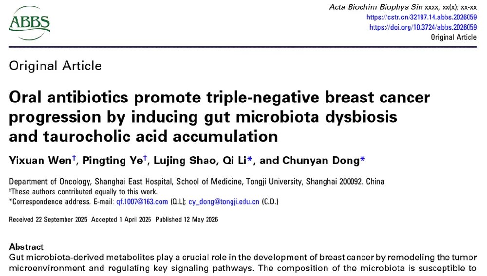 ABBSjournal's tweet photo. 🎊Oral antibiotics promote triple-negative breast cancer progression by inducing gut microbiota dysbiosis and taurocholic acid accumulation
https://t.co/MJIHtCzKOH

#antibiotic #gut microbiota #metabolite #triple-negative breast cancer #taurocholic acid https://t.co/1sZmNZxfTT