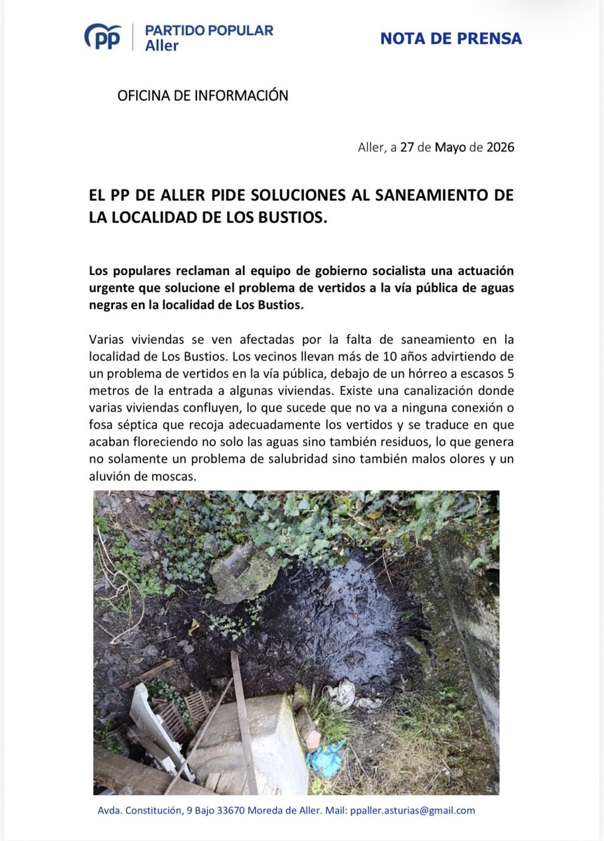 sutilsalas's tweet photo. 🚨 Más de diez años con vertidos de aguas negras, malos olores y problemas de salubridad en Los Bustios.

Mientras los vecinos siguen esperando soluciones, el gobierno socialista continúa mirando hacia otro lado.

Desde el PP de Aller exigimos una actuación urgente y definitiva. https://t.co/XRcAg2umGg