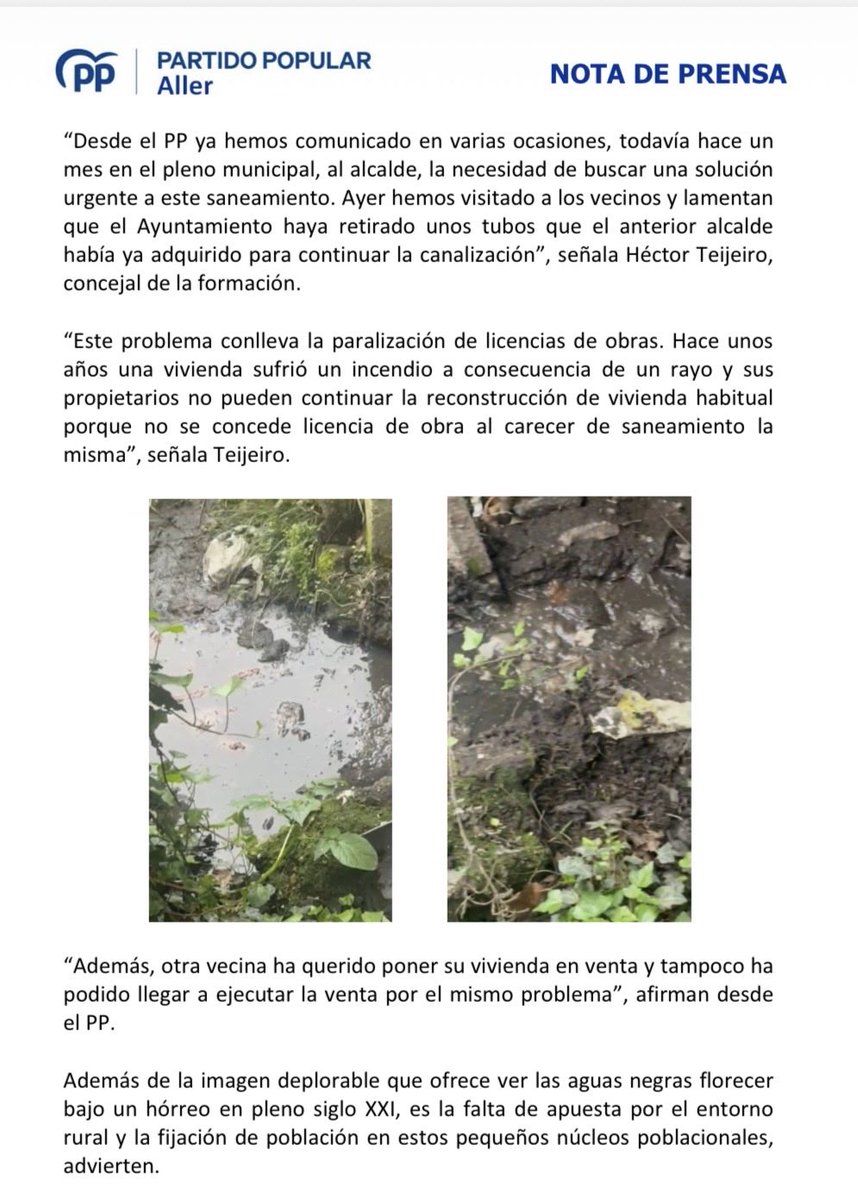 sutilsalas's tweet photo. 🚨 Más de diez años con vertidos de aguas negras, malos olores y problemas de salubridad en Los Bustios.

Mientras los vecinos siguen esperando soluciones, el gobierno socialista continúa mirando hacia otro lado.

Desde el PP de Aller exigimos una actuación urgente y definitiva. https://t.co/XRcAg2umGg