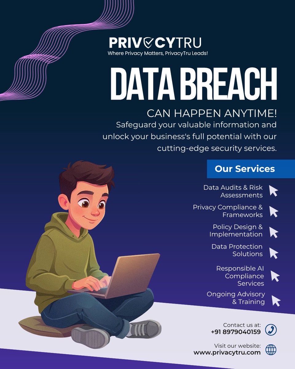PrivacyTru's tweet photo. Follow @PrivacyTru for insights on Data Privacy and AI Compliance. 

Connect with us 

📍 India: +91 8979040159 
📍 Netherlands: +31 647249698
📩 info@privacytru.com
🌐 https://t.co/acCDHKStia 

#DataPrivacy #CyberSecurity #DataProtection #DPDPAct #PrivacyTru https://t.co/vZQ8NfvMqF