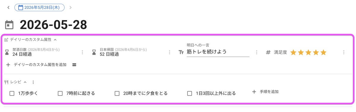 jmatsuzaki's tweet photo. 🔈 < 2026-05-29 #TaskChuteCloud2 UPDATE (2)🔥

## デイリーノートの機能拡張

### デイリーノートテンプレート機能

デイリーノートのテンプレートを設定できるようになりました。デイリーノート上のテンプレートボタンからテンプレートを編集できます。（画像1）

デイリーノートのテンプレートでは、タイトルやノート部分のテンプレートを指定できます。（画像2）

これによって、毎日のデイリーノートのタイトルや、日記のテンプレートなどが設定された状態でデイリーノートを作成できます。

なお、タイトル部分では特殊文字 {date} を使えます。タイトルに {date} を入れておくと日々のデイリーノートが作成された時、その日付に置き換わります。（例： {date} の日記 → 2026-05-29の日記）

### デイリーノートにカスタム属性とレシピを追加

タスクだけでなくデイリーノートにもカスタム属性とレシピを指定できるようになりました。（画像3）

なお、毎日使いたいアイテムはデイリーノートのレシピに追加できます。その日だけ追加したいアイテムはその日のデイリーノートにその日だけ追加することができます。

これによってカスタム属性には毎日の満足度や、一言コメント、毎日の体重や体脂肪率などを日単位で保存できます。

レシピには「今日の薬を飲んだ」「1万歩歩いた」「7時までに起きた」「今日は部屋掃除する」など1日を通して気をつけておきたいことなどを設定し、チェックできます。（画像3）

### カスタム属性に「経過日数」を追加

デイリーノートに設定できる特殊なカスタム属性として「経過日数」を指定できるようになりました。

これはその日と指定日との差分を自動計算するカスタム属性です。指定日が未来の場合はその日まであと何日あるか、指定日が過去の場合はその日から何日経過したかが自動的に表示されます。（画像4）

これによって「試験まであと何日」「卒業まであと何日」「禁煙してから何日経過」といった情報をデイリーノートのカスタム情報に追加できます。