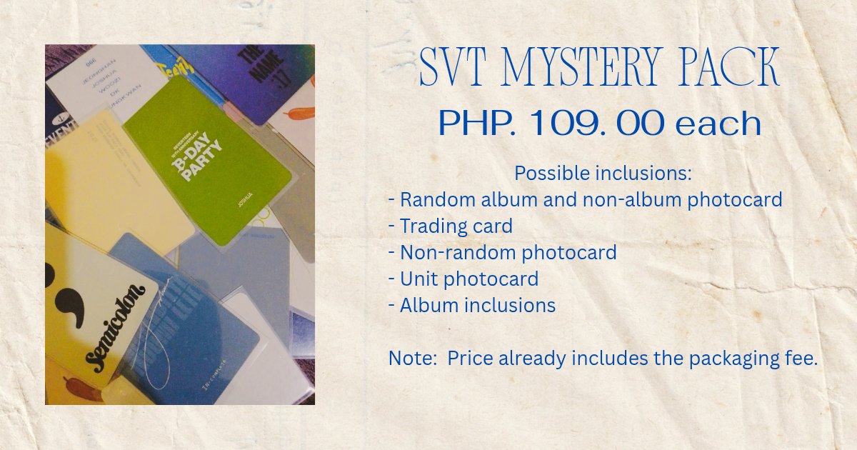 forshujiwon's tweet photo. wts lfb svt ph
~Mystery pack~
dop: payo/1 wk
loc: bulacan | jnt
see photo below ^^
all packs will come w freebies from me :D

t. scoups jeonghan joshua jun hoshi wonwoo woozi the8 mingyu dk seungkwan vernon dino https://t.co/ViFO7cu0NF