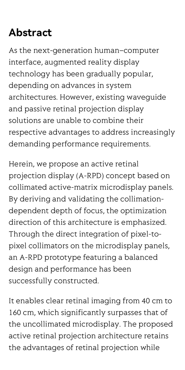 pubcard_net's tweet photo. "Active retinal projection augmented reality display via pixel-to-pixel collimation" is featured on PubCard @OptoElectronAdv View original article https://t.co/rDfHYFhbMy https://t.co/I1OhYfvZNT