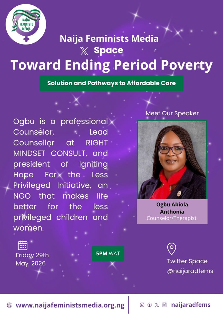 ogbu_abiola's tweet photo. Join the discussion on Naija Feminists Media Twitter space on the Topic: “Towards Ending Period Poverty: Solutions and Pathways to Affordable Care”

Date: Friday, May 29, 2026
Time: 5 pm

Here’s the link to join the Twitter space: https://t.co/naSN6dAlOn. https://t.co/GiaqmngNH2