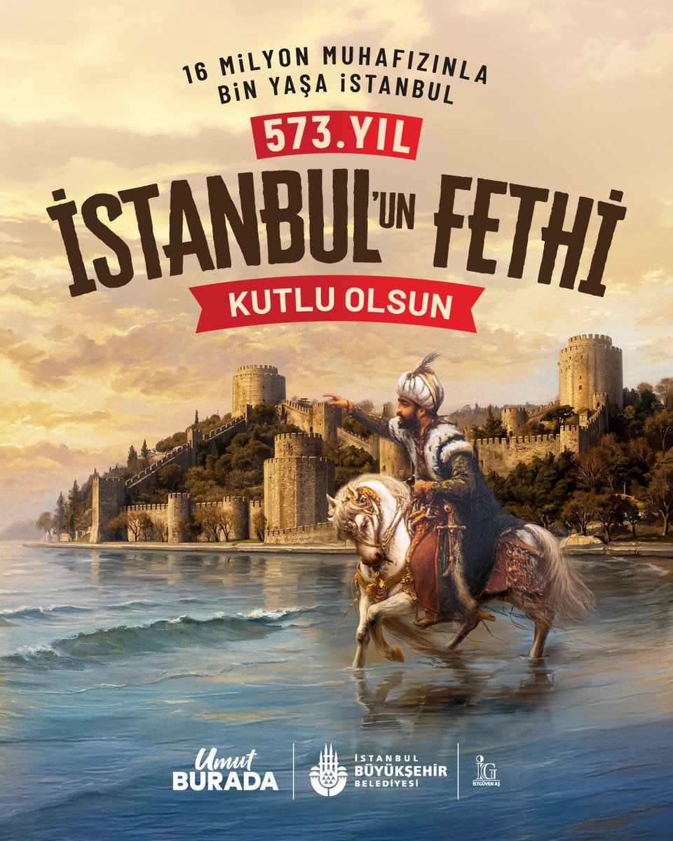 istguven_AS's tweet photo. 16 milyon muhafızınla bin yaşa İstanbul.
İstanbul’un Fethi’nin 573. yılı kutlu olsun!

Aziz şehrimizi bize miras bırakan büyük komutan Fatih Sultan Mehmet Han’ı saygı ve rahmetle anıyoruz. https://t.co/s0WBdBwzFc