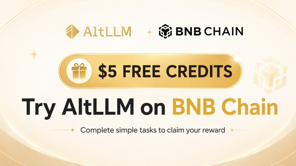 alt_layer's tweet photo. As part of the @BNBCHAIN Agent Survival Pack Campaign, we’re making it easier for new users to try AltLLM.

Complete a few simple steps and get $5 in free credits to use AltLLM:

→ Follow @usealtai
→ Follow @alt_layer
→ RT this tweet
→ Sign up using https://t.co/Njjq8oiHwF to claim your free $5 credits.

**Valid until campaign ends on June 8, 2026.