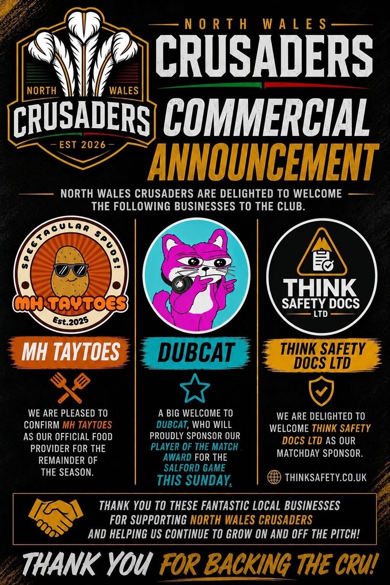 DubcatCTO's tweet photo. PROUD TO BE PART OF THE CRUSADERS FAMILY 🤝🐱
A big thank you to the North Wales Crusaders for welcoming DUBCAT as sponsor of the Player of the Match award this Sunday vs Salford.
Let’s make it a big one in Colwyn Bay. Good luck Bois🔥
$DUBCAT #RugbyLeague #Solana https://t.co/mAC4bFMNXb