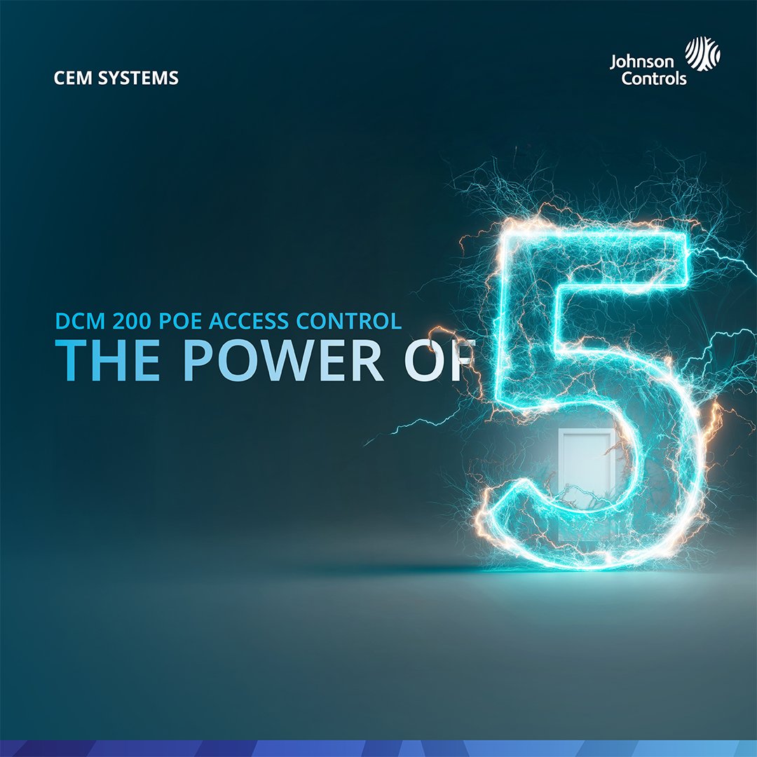 TycoSecurityInd's tweet photo. The power of 5, built into every connection. With DCM 200 PoE, five key advantages come together in one system—power, data, simplicity, cost efficiency &amp; reliability—delivering smarter access control with reduced complexity and uninterrupted performance. 

#JohnsonControls https://t.co/9rBk0Cqa95