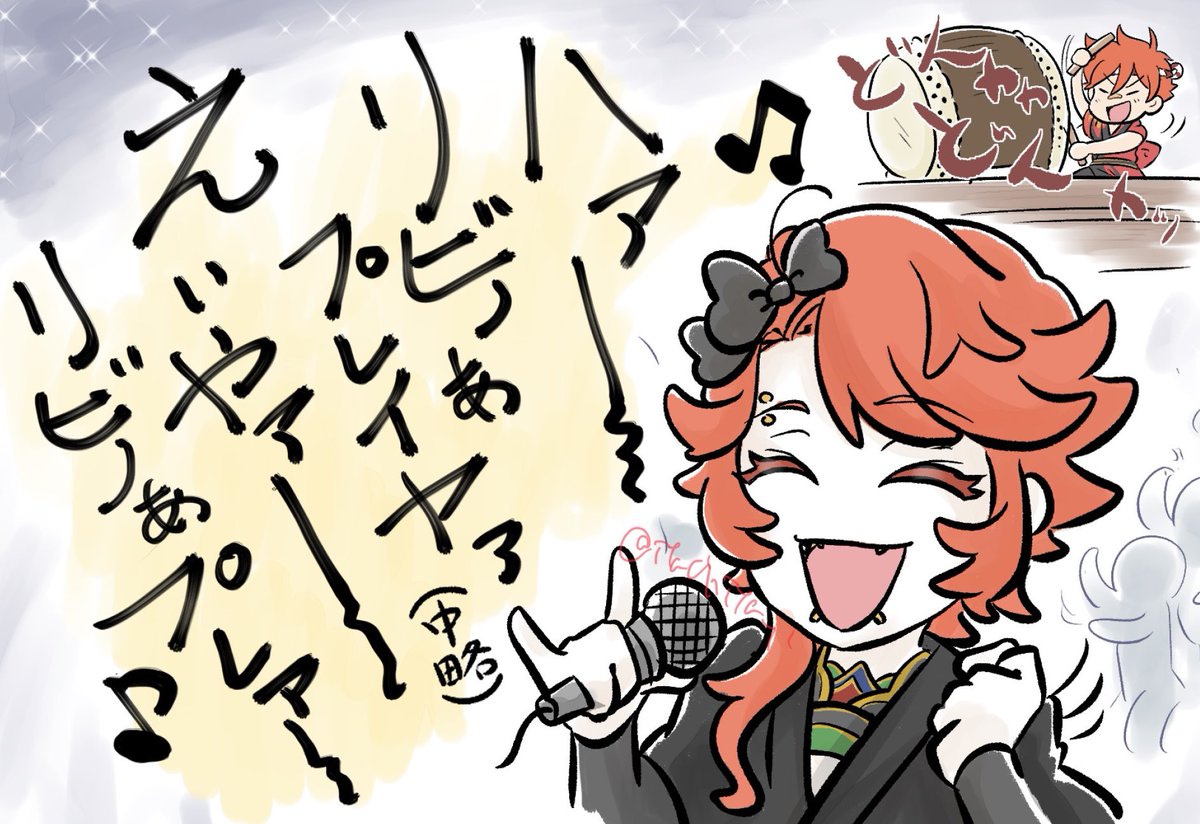 夏祭りの盆踊り会場でボン・ジョヴィをめっちゃこぶしきかせて歌い上げるさぶちゃん描きました 