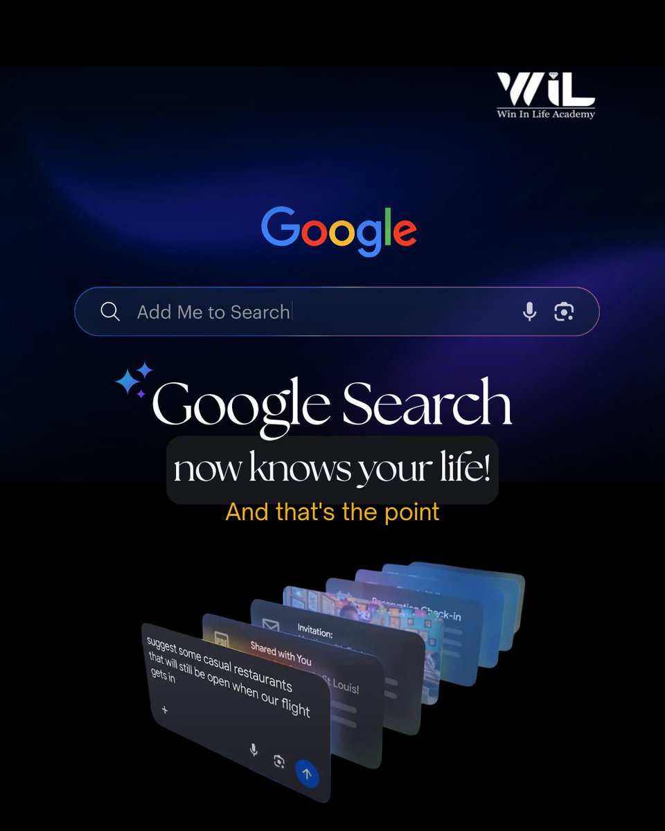 WILAcademy's tweet photo. The way you use Google Search is about to change forever

From personal context to AI agents that act on your behalf Google is quietly shifting Search into a full intelligence system.

#WILA #AIUpdates #GoogleAI #ArtificialIntelligence #FutureOfWork https://t.co/HH34zXiJbA