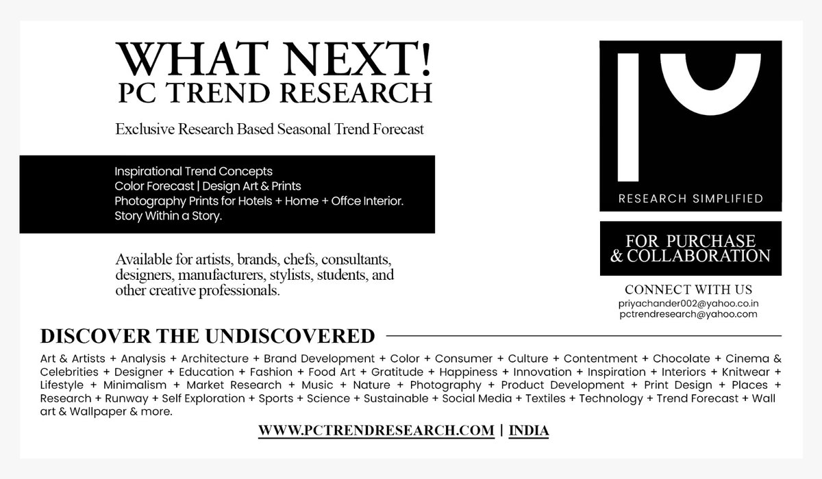 PriyaChanderPC's tweet photo. https://t.co/H2cy7sH9yu
Trend forecasting is not just about colors -it is about culture, emotion, lifestyle and the future of creativity.
Presenting WHAT NEXT! PC Trend Research. 
Research simplified for artists, brands, designers, manufacturers and creative industries. #India https://t.co/PiUWbWiAJi