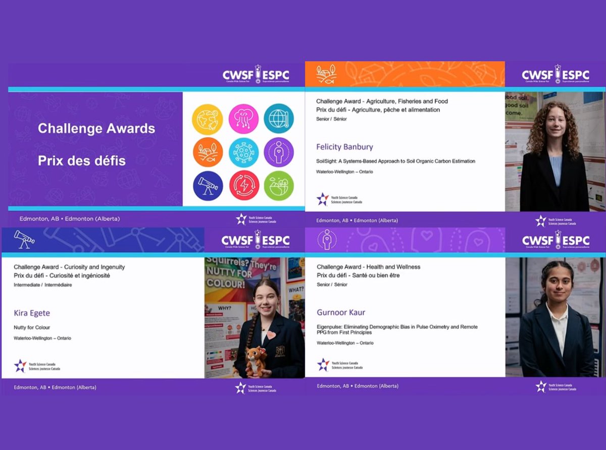 WWSEF's tweet photo. Challenge Awards @ysc_sjc #CWSF2026 were earned by Felicity Banbury, Kira Egete, and Gurnoor Kaur, for their work furthering our understanding of Agriculture, Curiousity, and Health &amp; Wellness. @wrdsb @WellingtonCath https://t.co/yf6xCCsmbP