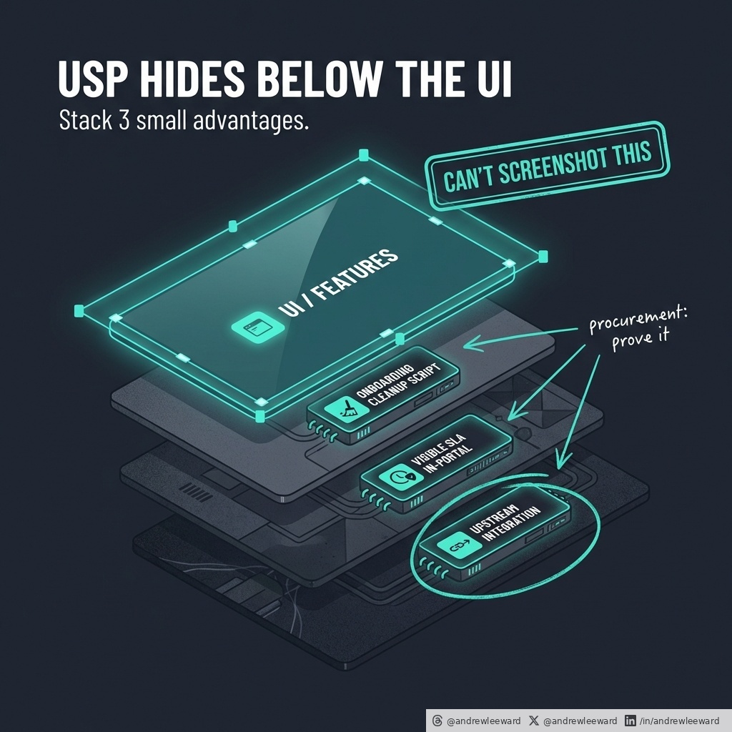 AndrewLeeWard's tweet photo. A USP is usually just a feature list with better lighting.

Founders love saying “we’re different”. Procurement loves replying “prove it”.

If your USP lives in the UI, you’ve basically written a spec for your competitors.
They can screenshot it, copy it, and ship a lookalike (sometimes with a slightly smug LinkedIn post attached).

The more useful way to think about “unique” is the Doblin Ten Types of Innovation idea: advantage doesn’t have to come from product features alone. It can come from how you price, how you package, how you onboard, how you support, how you integrate, how you distribute, and how you keep customers engaged.

In other words: the bits your competitors cannot screenshot.

Here’s the practical version I use with app and portal teams.

Stop hunting for one killer feature, and stack three small advantages that compound.

Most teams waste months trying to invent a “wow” feature that users try once, smile politely, then go back to their spreadsheet.
Meanwhile the real differentiators are sat in the boring bits of the journey, quietly causing friction, mistrust, and rework.

A few examples (the unsexy stuff that wins deals):

1) Onboarding that removes pain immediately
Maybe you ship a week-one “data clean-up” script as part of onboarding. Not a consultancy project. Not a “we can help with that”. An actual deliverable that makes their world less messy in week one.

2) Service that is visible, not promised
Maybe you put the service SLA inside the portal. Not hidden in a PDF. Not “call our support line”. A simple, visible commitment that reduces anxiety and increases trust when something goes wrong (because it will).

3) Integrations that remove double entry
Maybe you partner with one upstream system so data never gets re-keyed. No swivel-chair admin. No “export CSV, email it, hope for the best”. Just a clean flow that makes your product feel inevitable.

None of those are headline-grabbing.
Together, they make you harder to replace.

And this is the key: you don’t need one massive advantage. You need a stack of small ones that show up every day.

So how do you find them without running a six-month strategy project?

Ask one question at the right moment.

Right after a customer win (they completed the task, got the outcome, had the little dopamine hit), ask:

“What almost stopped you doing this today?”

That near deal-breaker is where your USP is hiding.

- “I didn’t trust it would work.”
- “I wasn’t sure what would happen if I clicked that.”
- “The approvals were unclear.”
- “We nearly gave up because the data was messy.”
- “Delivery time made it feel risky.”

Those answers are gold because they point to the real barriers to adoption: risk, effort, uncertainty, internal politics, and time.
Fix one of those and you don’t just improve UX - you change the buying decision.

Make it a habit:

Run an Innovation Audit once a quarter.
Then pick one near deal-breaker per month and fix it.

Do that for 6-12 months and you end up with a USP that’s real, not written.

Source: https://t.co/fuYwNZCAYf