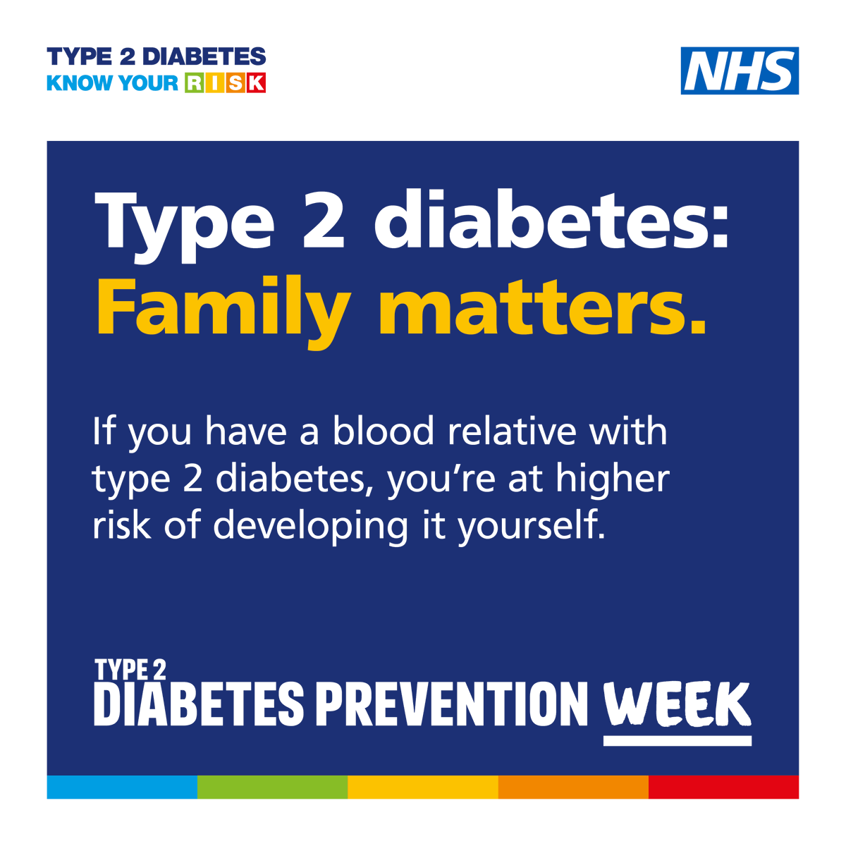 NHSSTW's tweet photo. Anyone can develop type 2 diabetes, but certain factors can increase your risk. You’re 2 to 6 times more likely to get type 2 diabetes if you have a parent, brother, sister or child with the condition. Find out if you’re at risk. https://t.co/01dsr1ij07 https://t.co/k4yBhVORQo