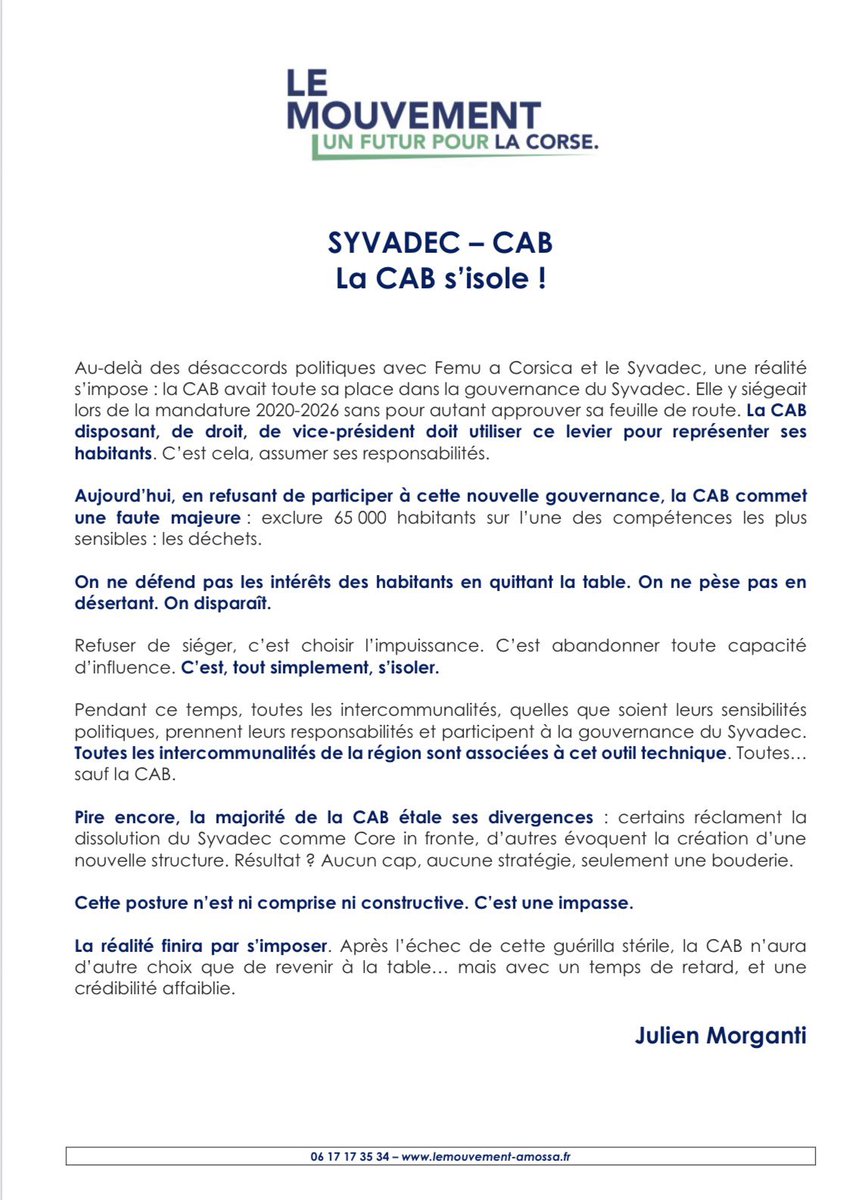Morgantij's tweet photo. Élection au @Le_SYVADEC : La CAB s’isole !

Refuser de siéger au Syvadec, c’est abandonner toute influence. Pendant que toutes les intercommunalités de Corse assument, la CAB choisit l’impuissance.

Cette posture isole 65000 habitants

La réalité finira par s’imposer pour la CAB. https://t.co/OfaPKecsrC