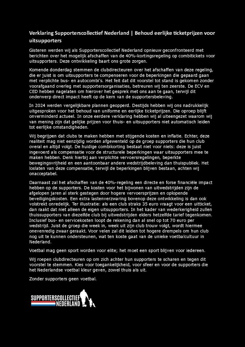 SupportersNL's tweet photo. Wij zijn verbaasd en teleurgesteld over de gang van zaken rond de ticketprijzen voor uitsupporters. Deze afspraken zijn destijds juist mét het Supporterscollectief gemaakt.

Lees hier ons statement 👇🏼 https://t.co/lei46amQQR