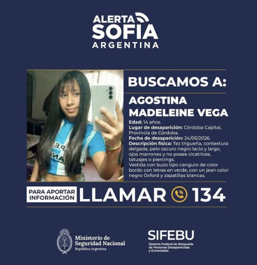 desaparecidaorg's tweet photo. Agostina Madeleine Vega tiene 14 años, desapareció el 24/5/26 en Córdoba capital. 
"Alto riesgo de ser víctima de delito". CONTINÚA LA BÚSQUEDA🙏🙏🙏
Por favor compartir y avisar #Urgente a la policía local, o al ☎️ 134       

#AlertaSofia #Cordoba #CordobaCapital https://t.co/jzQURT0cWu
