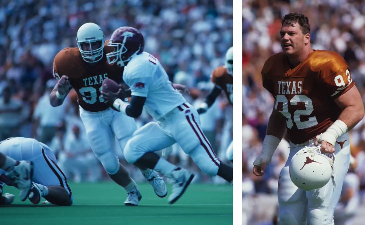Horns63's tweet photo. Yesterday’s shout out recognized a special player and that suffocating ‘83 defense, but another salty “D” in @TexasFootball history was that ‘91 squad, led again by DC, Leon Fuller. Sure, there were studs like Dronnett, Gunn, Malone, Tubbs & Vasek. And more. 

But there was also the AA, conference champion, and 2X 1st team All-SWC performer who was an absolute menace inside or outside along that front. Later would became a 2nd round draft choice of the Buffalo Bills…from Clear Creek HS in the H-town metro, it’s James Patton days away til #CFB2026 🤘🏼