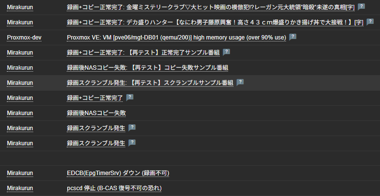 sakuya5176's tweet photo. ついでにMirakurunやEDCBの死活監視、受信レベルやB-CASカードの状態を監視できるようにした
ドロップ無しで正常なら情報通知
ドロップあり、NASへのコピー失敗で警告でアクション通知をするようにした
今後なにかあればすぐ気付けるだろう https://t.co/FwnkHD2fcF