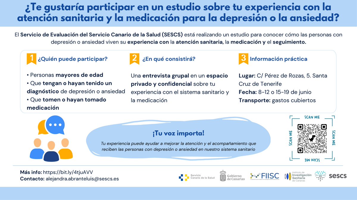 _SESCS_'s tweet photo. ¿Has vivido o estás viviendo #depresión o #ansiedad y has estado en #tratamiento?
Queremos escuchar tu experiencia para mejorar la atención sanitaria y el apoyo que reciben otras personas en situaciones similares. https://t.co/XfhfQOxuuq