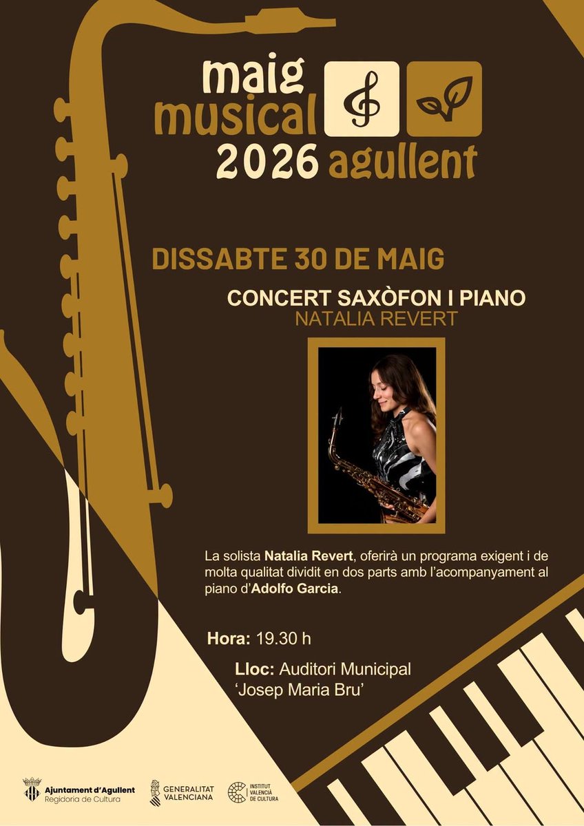 AssSerraMariola's tweet photo. AGENDA del cap de setmana:
AGULLENT: 🎶 Dissabte 30, Concert de saxòfon a càrrec de Natalia Revert, 19.30h, Auditori Municipal / Diumenge 31, Sarau Popular amb la Rondalla i Danses la Comarcal a la Font Jordana, esmorzar a les 10h i sarau a les 11.30h https://t.co/VpZ47DElYI
