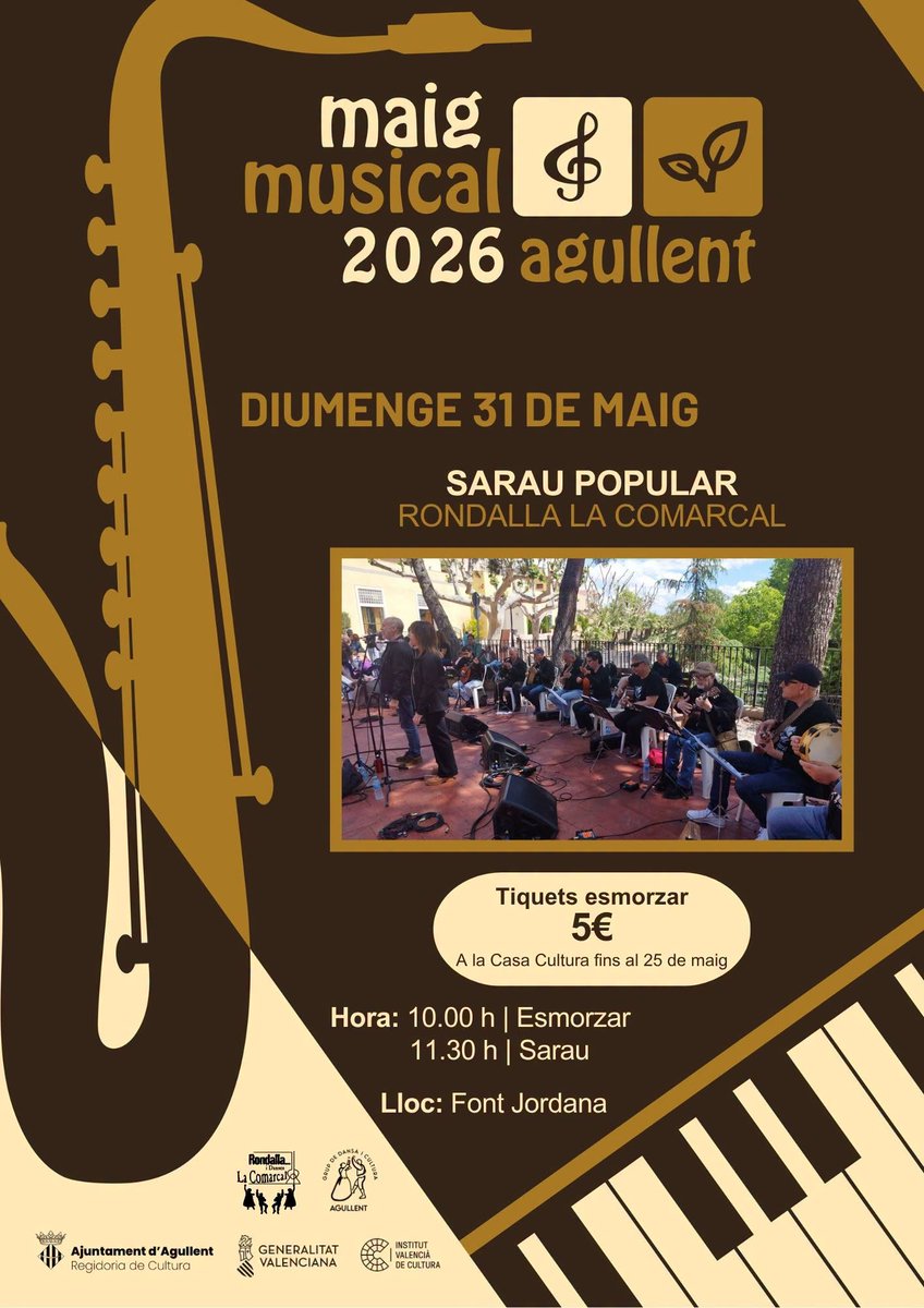 AssSerraMariola's tweet photo. AGENDA del cap de setmana:
AGULLENT: 🎶 Dissabte 30, Concert de saxòfon a càrrec de Natalia Revert, 19.30h, Auditori Municipal / Diumenge 31, Sarau Popular amb la Rondalla i Danses la Comarcal a la Font Jordana, esmorzar a les 10h i sarau a les 11.30h https://t.co/VpZ47DElYI
