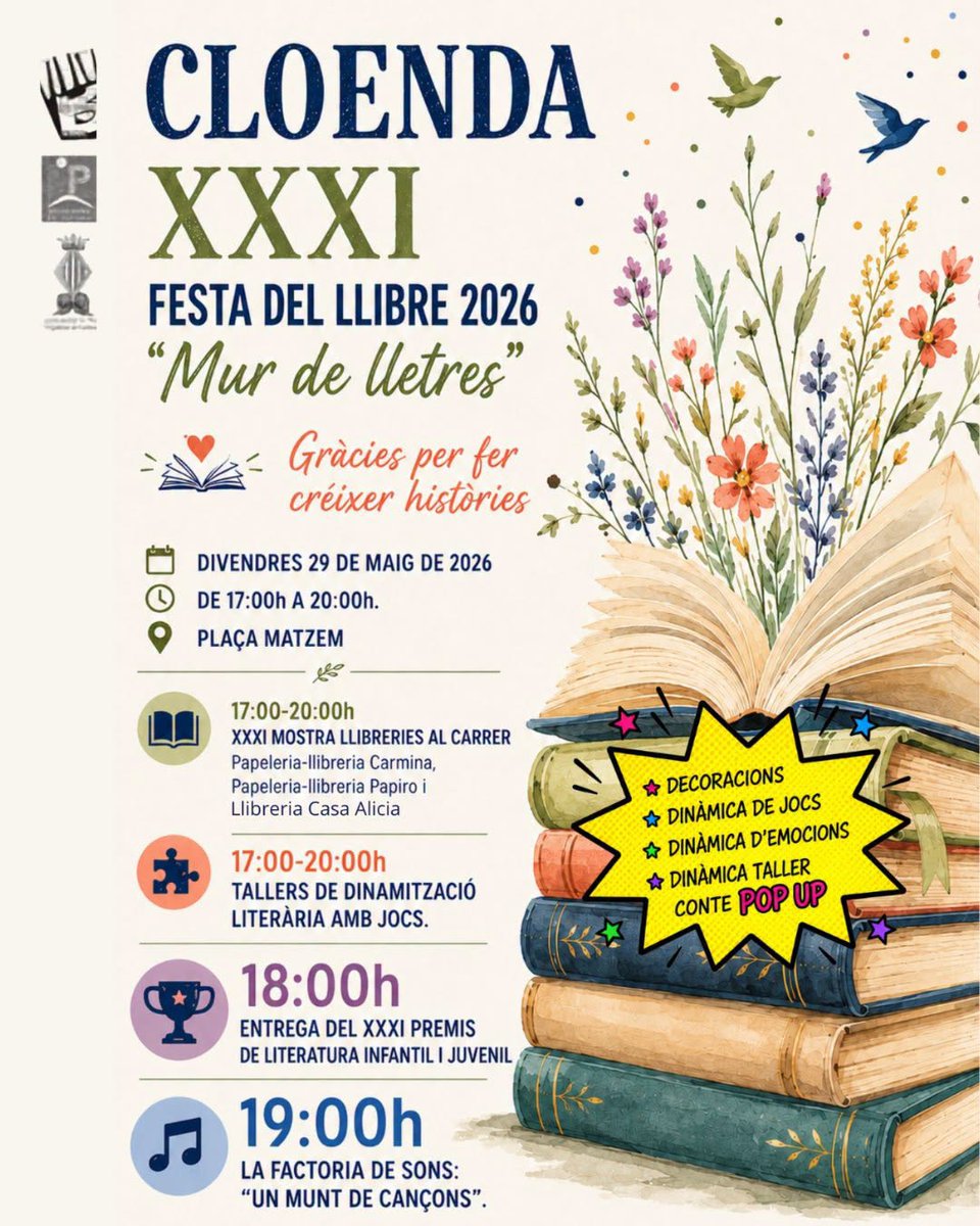 AssSerraMariola's tweet photo. BANYERES: diumenge 31, espectacle còmic “Gool!!”, de la cia. Yllana, 18.30h, Teatre Principal
MURO: divendres 29, 📚 Cloenda de la XXXI Festa del Llibre de Muro, de 17 a 20 h, a la plaça Matzem / dissabte 30, espectacle “La persona no descansa”, d’Eugeni Alemany, 18h, C. Cultural https://t.co/LCro9xsA3x