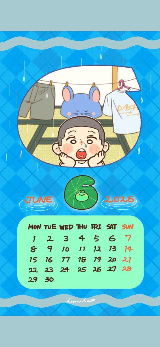 2_Konoha_8's tweet photo. 6月のカレンダーです！！
保存してお使いください☂️

もう上着いらずの陽気になりましたね！
空気も夏の香りになりつつあって、夏本番まであと少し…！！覚悟せよ☀️

※無断転載、自作発言、AI学習利用は禁止しています。
#イラスト #カレンダー配布 https://t.co/2KeBjdFM70