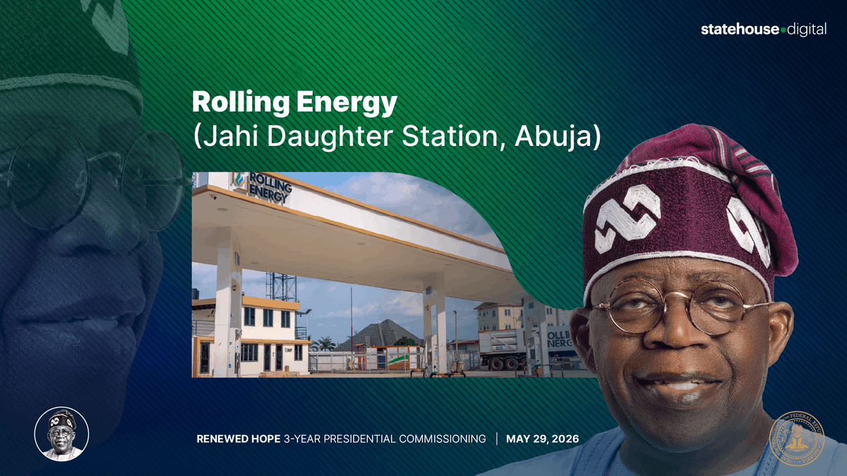 NGRPresident's tweet photo. ROLLING ENERGY — JAHI 

DAUGHTER STATION, ABUJA

🇳🇬 NOW LIVE: President @officialABAT commissions the Rolling Energy / MDGIF High-Capacity CNG Daughter Booster Station at Plot 1232, Ameyo Adedevoh Street, Jahi District, Abuja.

A state-of-the-art clean mobility hub, with the FASTEST dispensers ever deployed in Nigeria:

⚙️ Processing: 1,000 SCM/h CNG compressor; 3,200 SCM cascade storage; 2 tube skids (8,500 SCM each); 150KVA CNG-powered generator.

⛽ Refuelling: 4 dispensers with dual nozzles; 20,000 SCM daily capacity; 900–1,000 cars/tricycles + up to 50 trucks/buses every day.

🔧 Conversion Workshop: 8 conversion pits; SON-certified cylinders; converts up to 20 cars + 25 tricycles daily.

This is the future of clean mobility in Abuja.

Watch live: https://t.co/sYKlUVEeoq

#RenewedHope #MDGIF #CleanerAbuja
