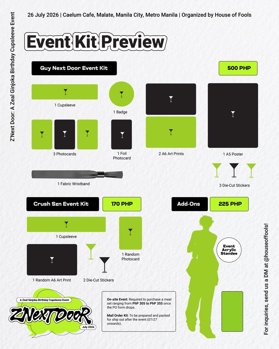 houseoffools's tweet photo. Event Kit Preview! 💚🖤

The fun sure doesn't stop next door! ✨

Wah - what do you mean we've got 2 days left before the pre-order period starts?! Oh how time flies so fast!

Don't miss out on these goodies prepared by our zuper epic awesome artists! 🍸

💚🐍💚

Disclaimer: This is a non-profit event and is not in any way affiliated with Anycolor Inc., the NIJISANJI project, and NIJISANJI EN's Zeal Ginjoka.

#ZNextDoor #ZealGinjokaCSE #ZNextDoorCSE