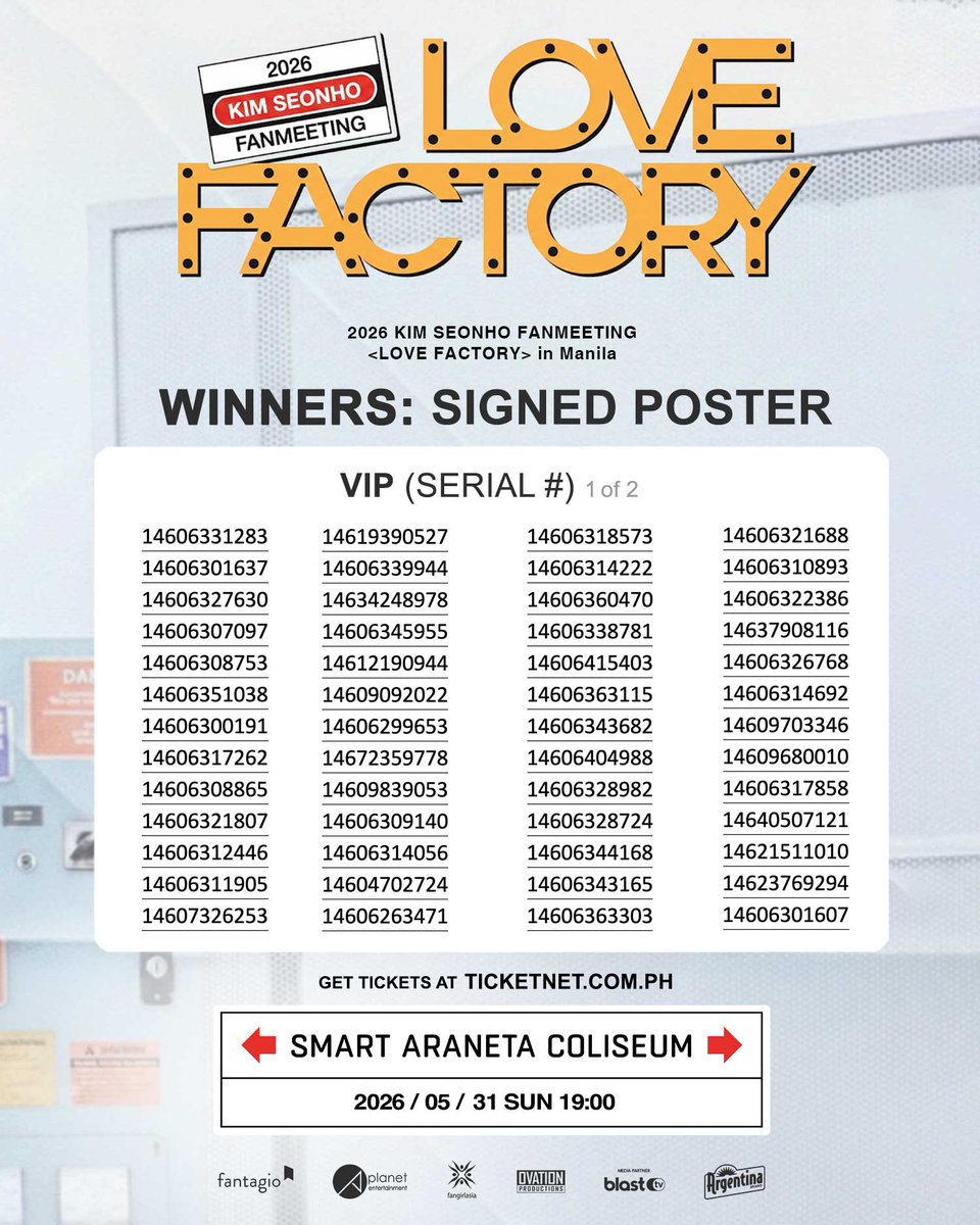 ovationprod's tweet photo. One autograph, a lifetime memory 📸💫
Congratulations to the winners of the signed poster benefit!
Please stay tuned for the claiming schedule and guidelines.

#김선호 #KIMSEONHO
#LOVE_FACTORY
#LOVE_FACTORY_ASIATOUR
#LOVE_FACTORY_in_Manila
#OvationProductions
#KimSeonHoInManila2026