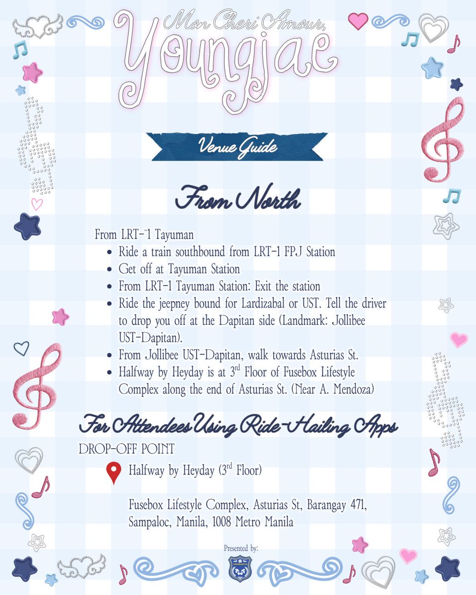twsproject42's tweet photo. Mon Cheri Amour, Youngjae - Venue Guide

Excited to see you all this Sunday! 💙

🗓️ May 31, 2026
☕️ Halfway by Heyday
📍Fusebox Lifestyle Complex, Asturias St., Sampaloc, Manila

#MonCheriAmour
#YoungjaeDay
#TWS #투어스 #YOUNGJAE #영재 https://t.co/i12xmBlM11