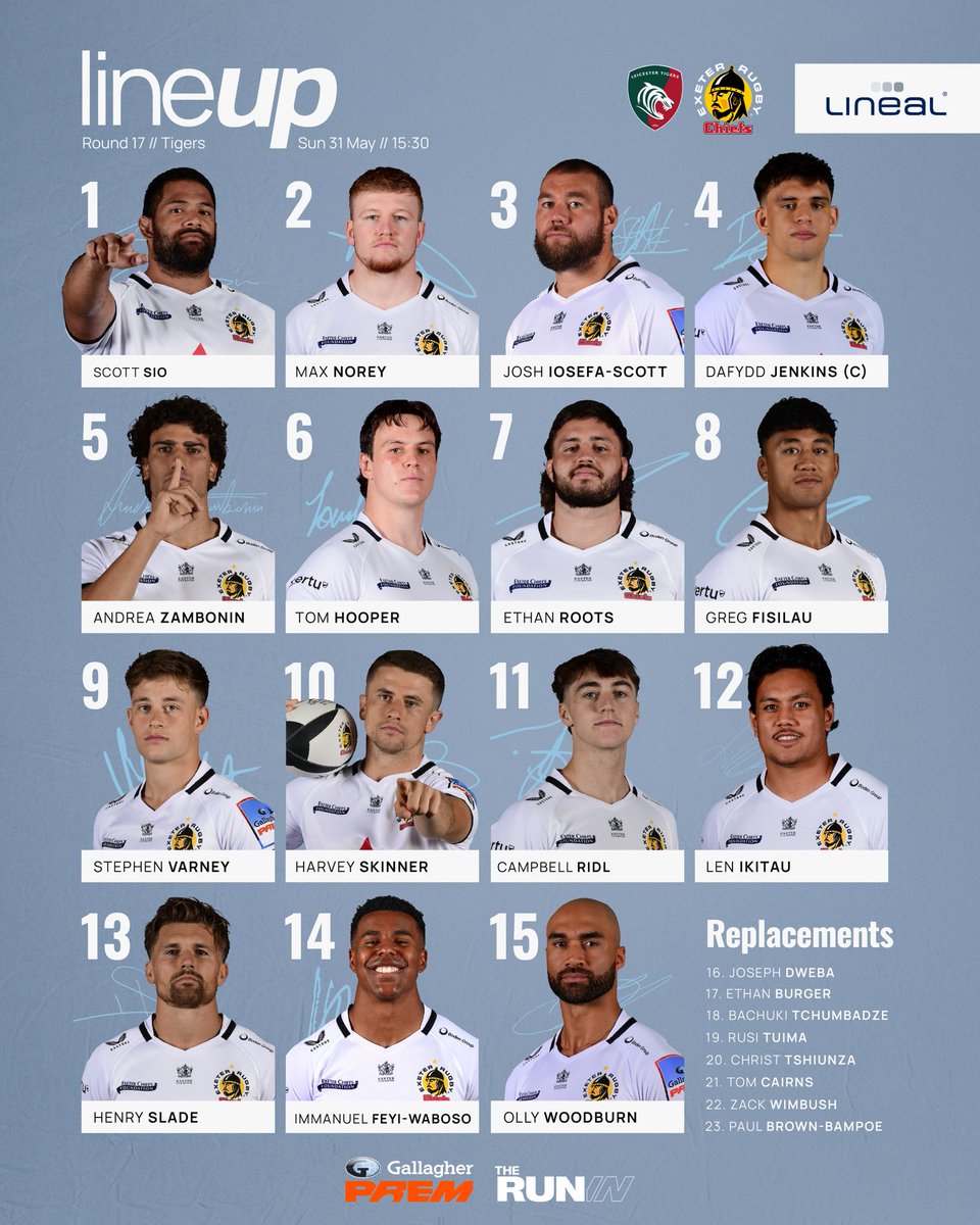 ExeterChiefs's tweet photo. 𝗧𝗘𝗔𝗠’𝗦 𝗨𝗣!

🔋 a top four fight 
🎬 Fisilau returns
🔒 unchanged front five

Full team news 🔗 https://t.co/2ttLnsdRGr

#LEIvEXE | #JointheJourney | @LinealSoftware https://t.co/2qUahWo2vU