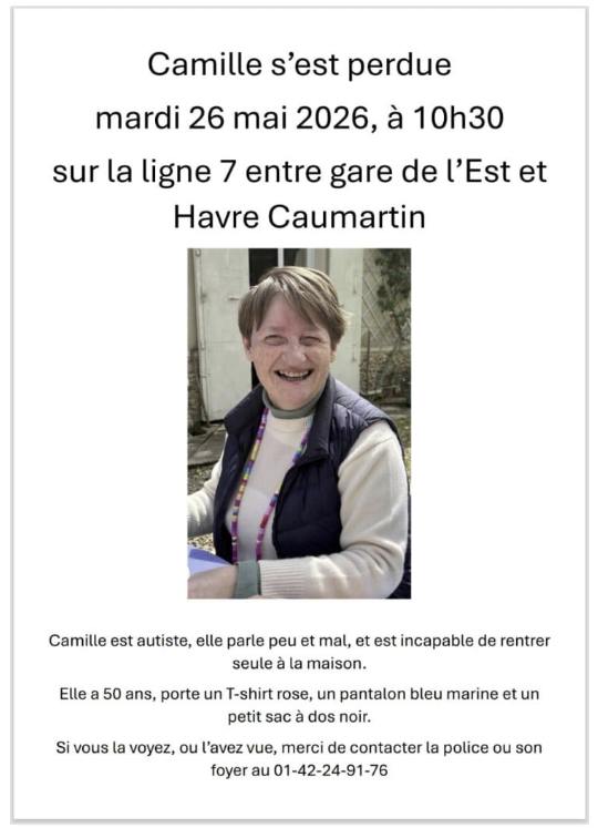 CBlaireau's tweet photo. 🚨R.T. svp 

Une femme âgée de 50 ans et atteinte d'un trouble autistique sévère n'a plus donné signe de vie depuis 48 heures. Elle a disparu dans le métro parisien alors qu'elle rejoignait, accompagnée de sa mère, un foyer pour personnes en situation de handicap. https://t.co/htWNadHBbm