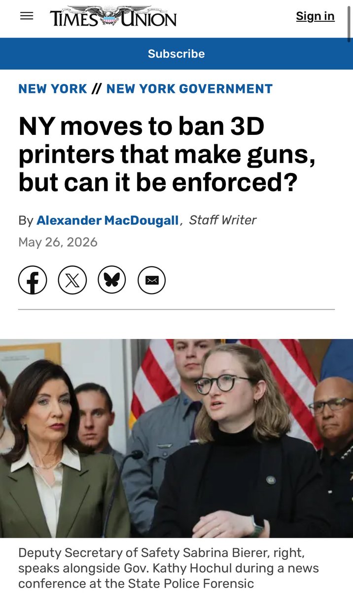 JasonPremoMFG's tweet photo. CNC banned?  New York law just passed: 3D Printers & CNC machines now require built-in surveillance software to block you from making firearms parts.

A separate background-check bill remains pending in committee.

New York has passed first-in-the-nation regulations targeting 3D printers (and, per multiple analyses of the bill language, CNC machines) sold in the state. 

This includes mandatory “blocking technology” (often described as surveillance or censorware-style software) and face-to-face sales requirements that effectively end easy online purchases and shipping. 

What Was Just Passed (FY 2027 Budget – Signed ~May 27, 2026)

Governor Kathy Hochul signed the provisions as part of the enacted FY 2027 state budget 

(Public Protection and General Government bill, originating in S.9005 /A.10005, Part C)

Key elements include:

•  Mandatory blocking/surveillance technology on 3D printers sold in New York

•  Every 3D printer must include (or be equipped with) technology/algorithms that scan design files and block attempts to print firearm components

---> examples:  software will scan your program to determine if you are making receivers, frames, silencers/suppressors, or machine-gun conversion devices. 

•  The state will maintain or reference a library of prohibited “digital firearm manufacturing code.” 

•  A task force (led by the Division of Criminal Justice Services, with experts in manufacturing, AI, and security) will develop minimum safety standards and regulations. 

•  Broad application to CNC machines (and potentially subtractive manufacturing) 

---> Detailed bill analyses (EFF, technical reporting, and maker-community reviews) confirm the language covers **CNC machines** and machines using subtractive manufacturing from digital files. 

---> This goes beyond consumer 3D printers to industrial equipment. Official governor announcements emphasize 3D printers, but the enacted provisions are written more broadly. 

•  Face-to-face sales and delivery only: No online sales, no shipping to New York addresses. 

---> All transactions must occur in person between buyer and seller. This directly bans convenient online purchases from major retailers or manufacturers. 

•  Criminal penalties for files and manufacturing. 

•  It is now a crime (Class E felony in some formulations) to possess, sell, or distribute digital files/blueprints intended for printing illegal firearms or components (with intent or knowledge elements). 

•  Implementation timeline: The law is effective upon signing for some criminal provisions, but the technical standards and blocking requirements will take time. 

--> The task force has roughly a year for recommendations, followed by rulemaking. 

--> Non-compliant sales could face liability once rules are in place. Manufacturers will likely need to create NY-specific compliant models (or stop selling/shipping there).