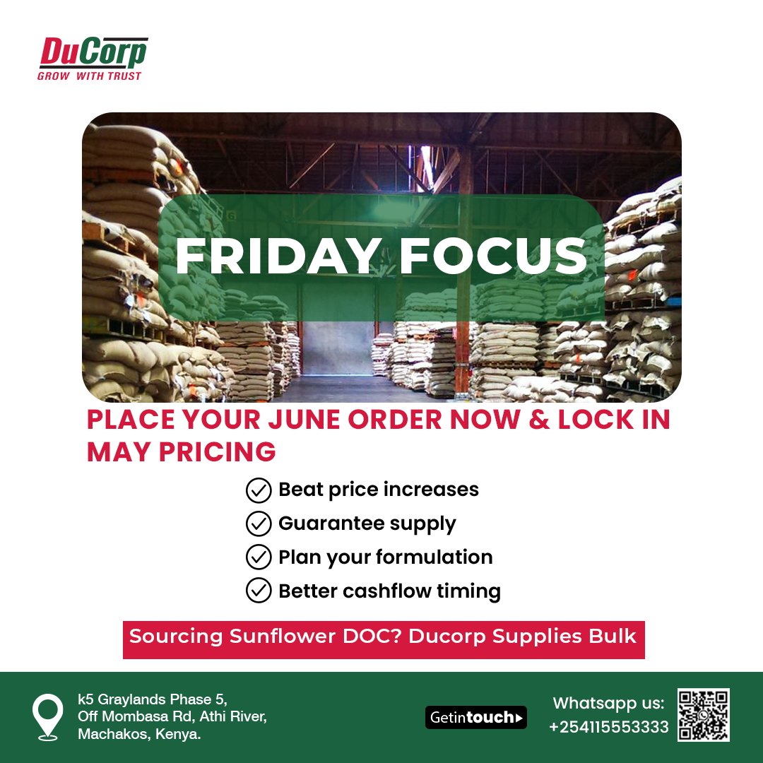 DucorpKE's tweet photo. June price hikes coming? 📈
Lock in May's animal feed prices NOW! Secure supply &amp; save! 
Place your JUNE order NOW &amp; lock in MAY pricing!
Beat price increases, guarantee supply, plan better &amp; improve cash flow.
Don't miss out!
 #DuCorp #MayPricing #JuneOrders #AnimalFeedKenya https://t.co/CvDpvhI0fr