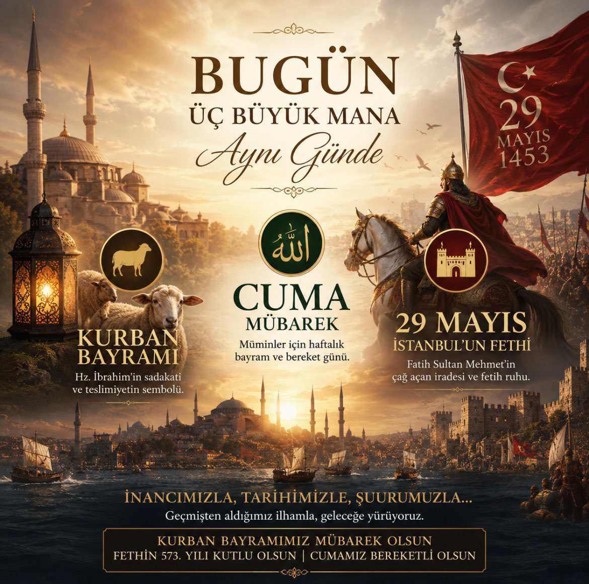 mdctopal's tweet photo. Bugün;
Cuma’nın bereketi,
Kurban’ın teslimiyeti,
Fethin ruhu aynı güne denk geldi.

İnancın, adanmışlığın ve medeniyet şuurunun aynı anda hatırlandığı bir gün…

Kurban Bayramımız mübarek olsun.
Fethin 573. yılı kutlu olsun.
Cumamız bereketli olsun.

#KurbanBayramı #29Mayıs1453 https://t.co/nmx16gwgsh