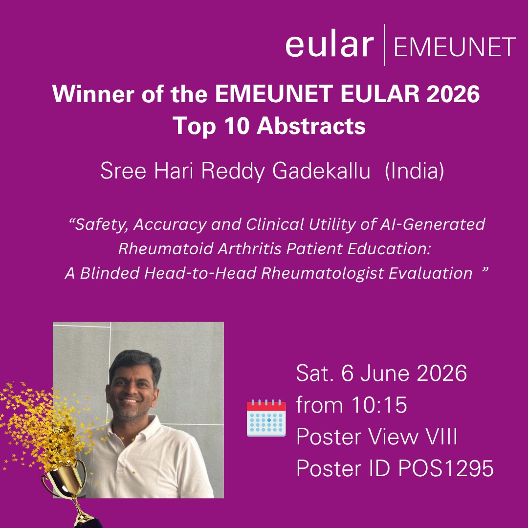 EMEUNET's tweet photo. 🎉 Congratulations to Sree Hari Reddy Gadekallu, one of the Winners of the EMEUNET EULAR Top 10 Abstract Competition! 👏
Don’t miss his poster in London on Sat. 6 June 2026, from 10:15 (Poster ID POS1295)!
#eularEMEUNET #emeunettop10abstracts #EULAR2026 congress https://t.co/Q519BAAWaa