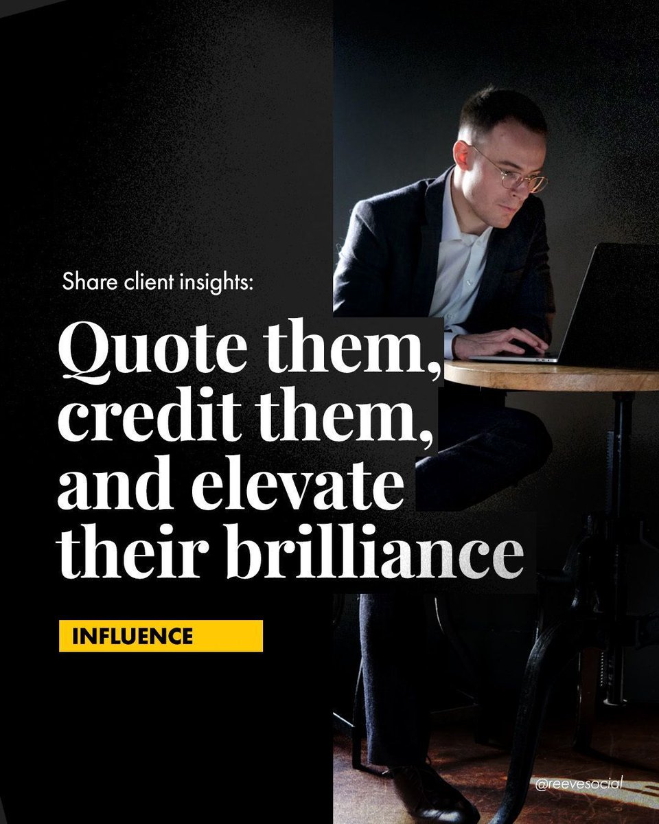 ReeveSocial's tweet photo. Social media that creates ➤ 𝗜𝗻𝗳𝗹𝘂𝗲𝗻𝗰𝗲

Would you like to improve your social influence? Try these:

💡 Share client insights: Quote them, credit them, and elevate their brilliance. 

Purposeful social media, that creates impact. ®️✔️ https://t.co/B4fZnH8AGe