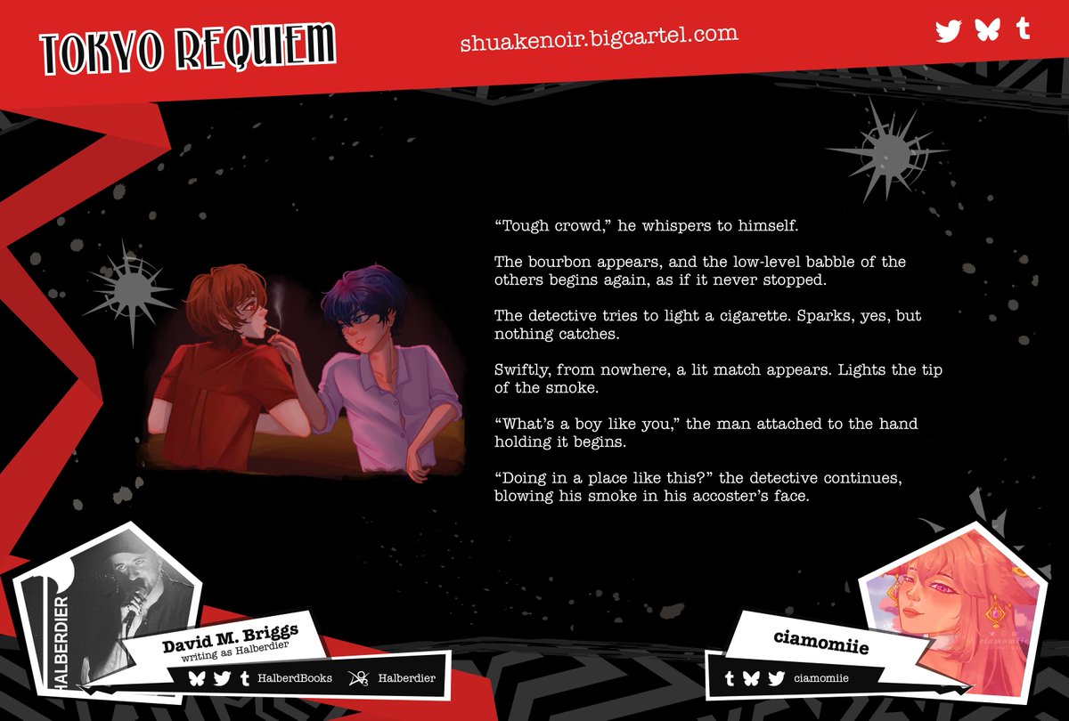 shuakenoir's tweet photo. Is that some flirty cigarette-lighting I spy in this fic excerpt from @HalberdBooks? With spot art from @ciamomiie? See for yourself in #TokyoRequiem, a #ShuAke noir zine, currently open for preorders at https://t.co/IvzU01uOFa 🚬 https://t.co/lm73JLTIFL